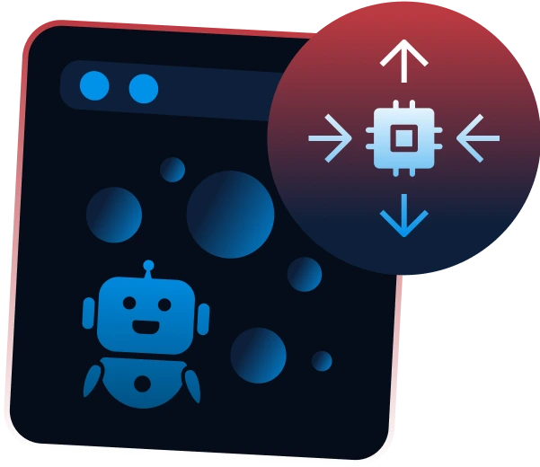 Interface window with an AI robot and a chip surrounded by outward arrows, representing auto-scaling infrastructure for AI agents.