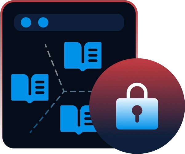 Window showing segmented documents with a padlock badge, representing data isolation across knowledge bases.
