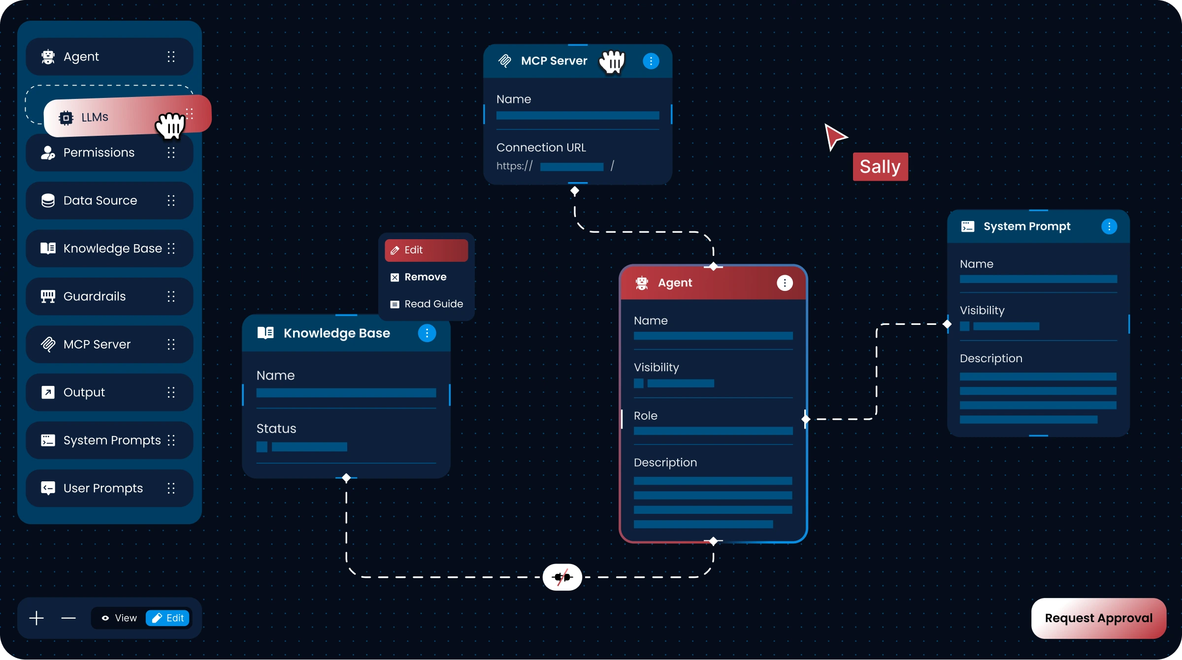 CloudKitect AI Command Center build module with drag-and-drop workflow connecting MCP server, knowledge base, agent, and system prompt.