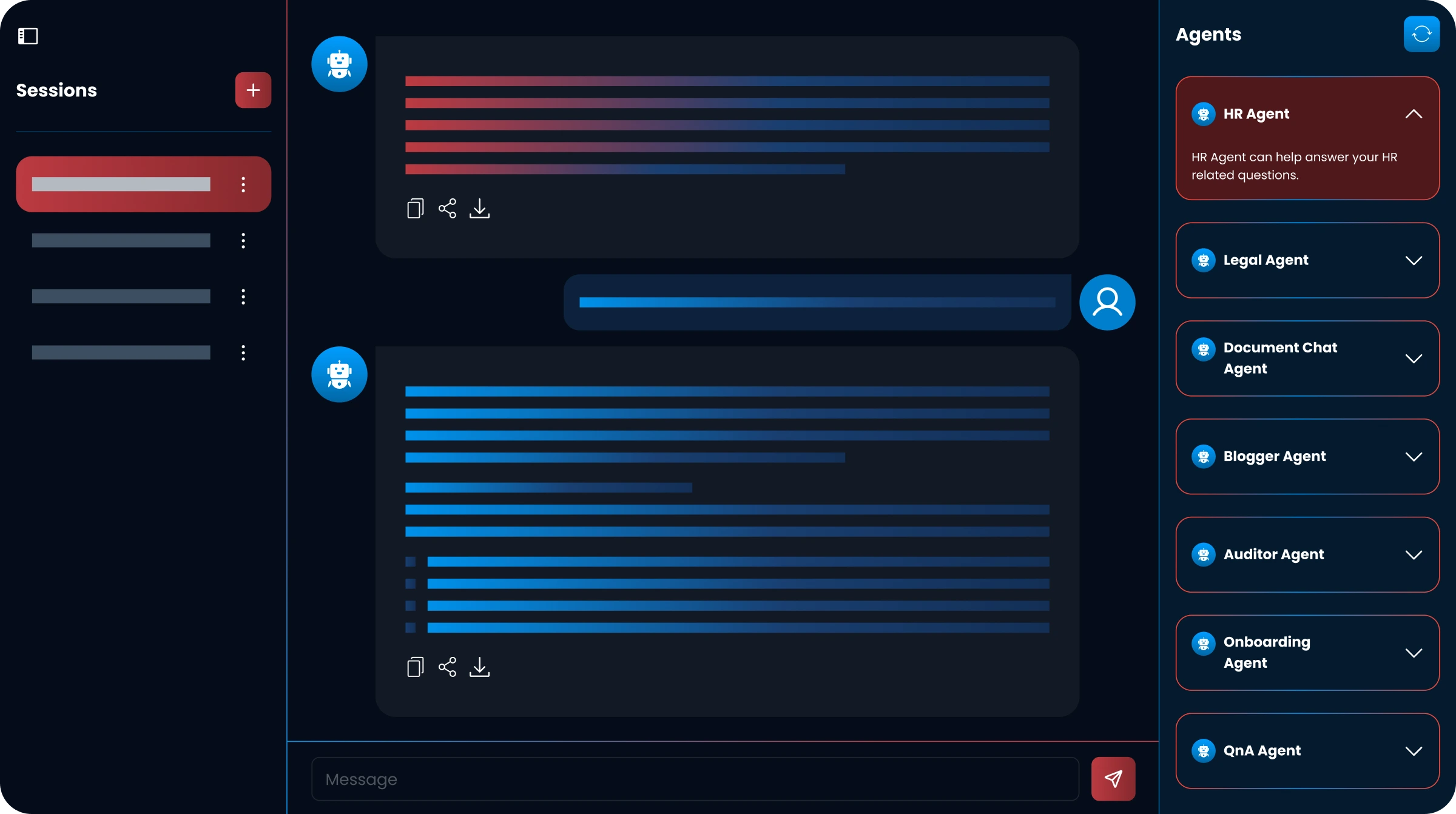 CloudKitect AI Command Center chat interface with active sessions on the left and AI agents like HR, Legal, and QnA on the right.