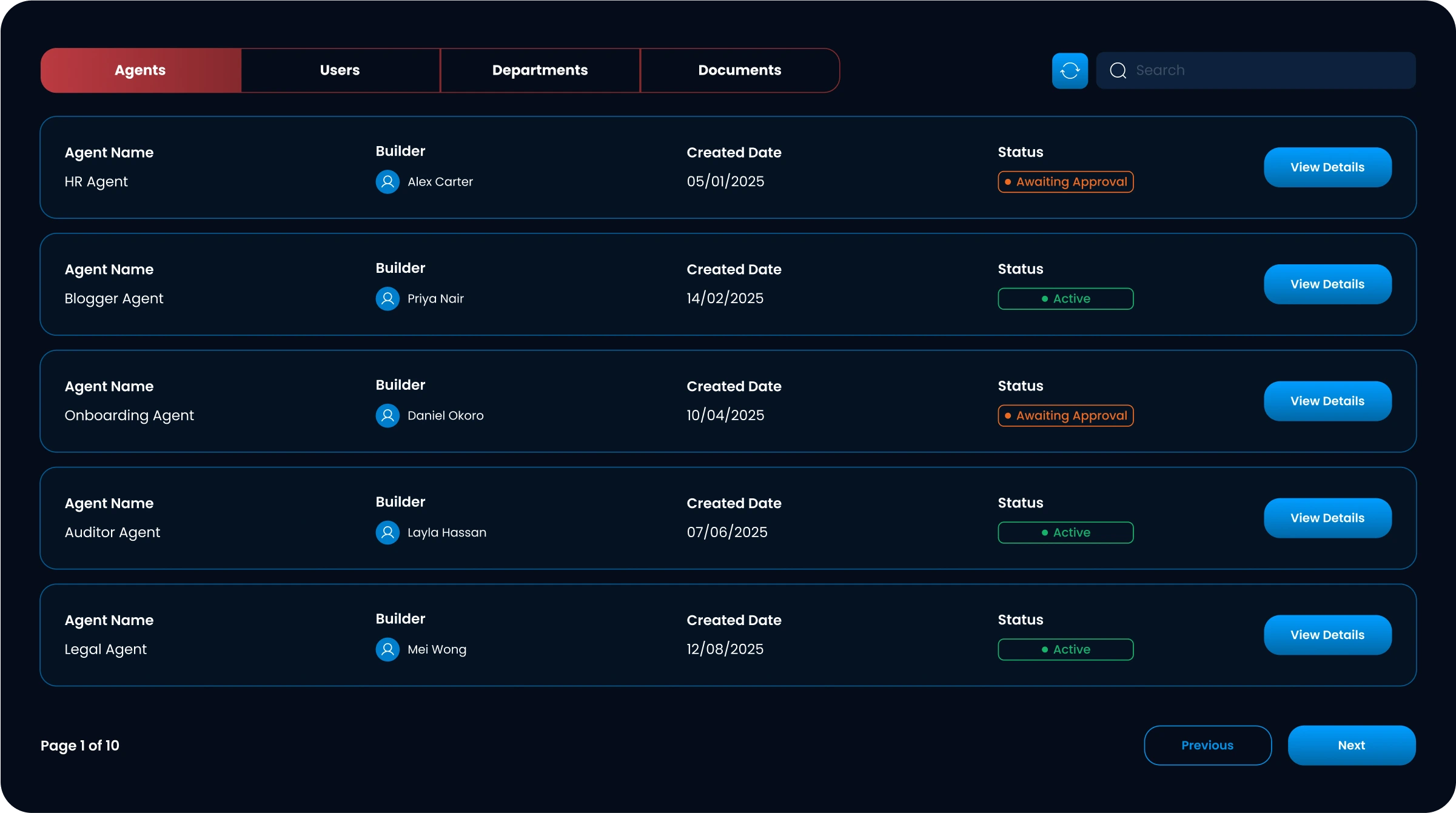 CloudKitect AI Command Center governance dashboard listing agents with builders, creation dates, and statuses such as Active or Awaiting Approval.