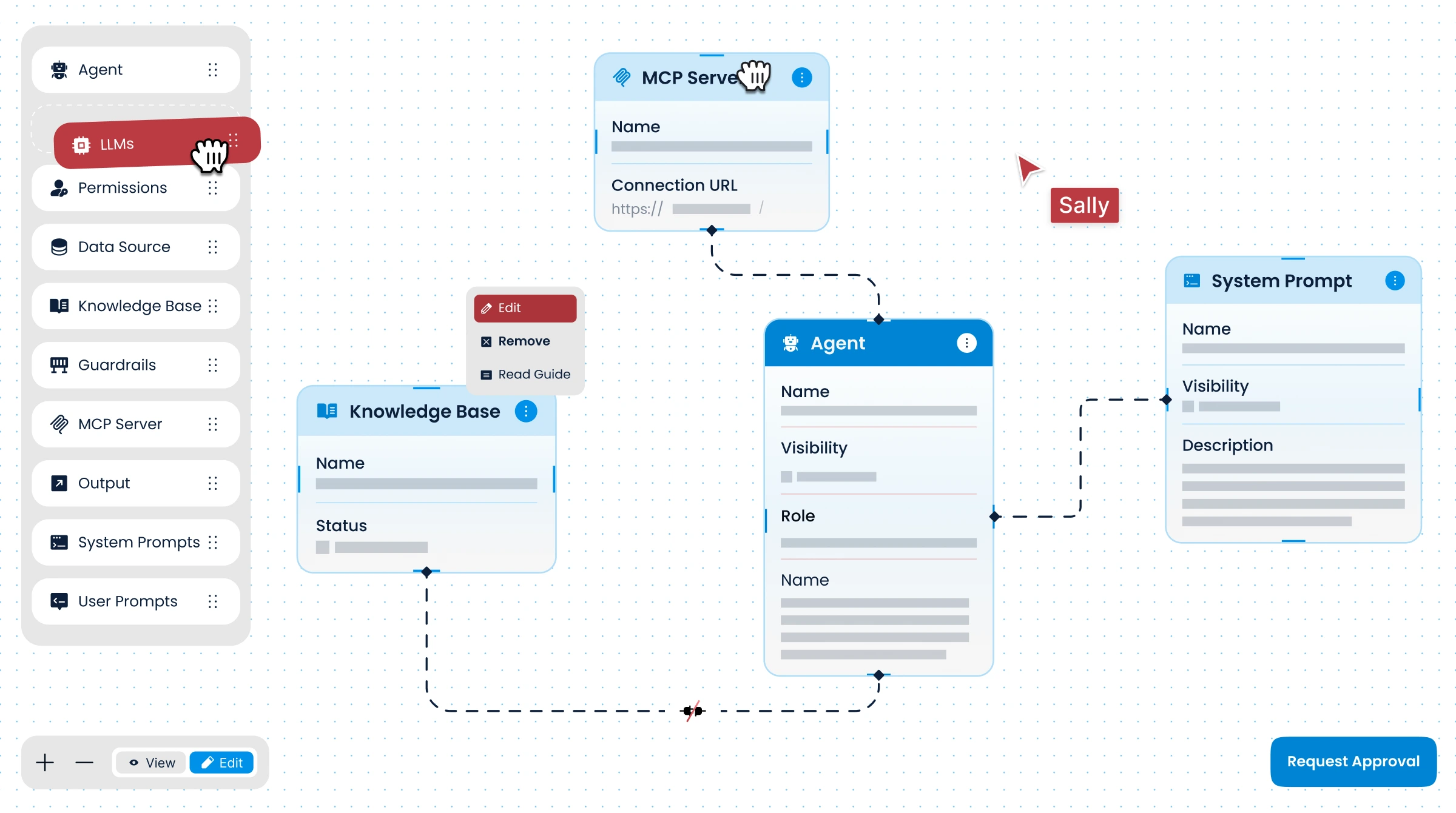 Light Mode - CloudKitect AI Command Center build module with drag-and-drop workflow connecting MCP server, knowledge base, agent, and system prompt.