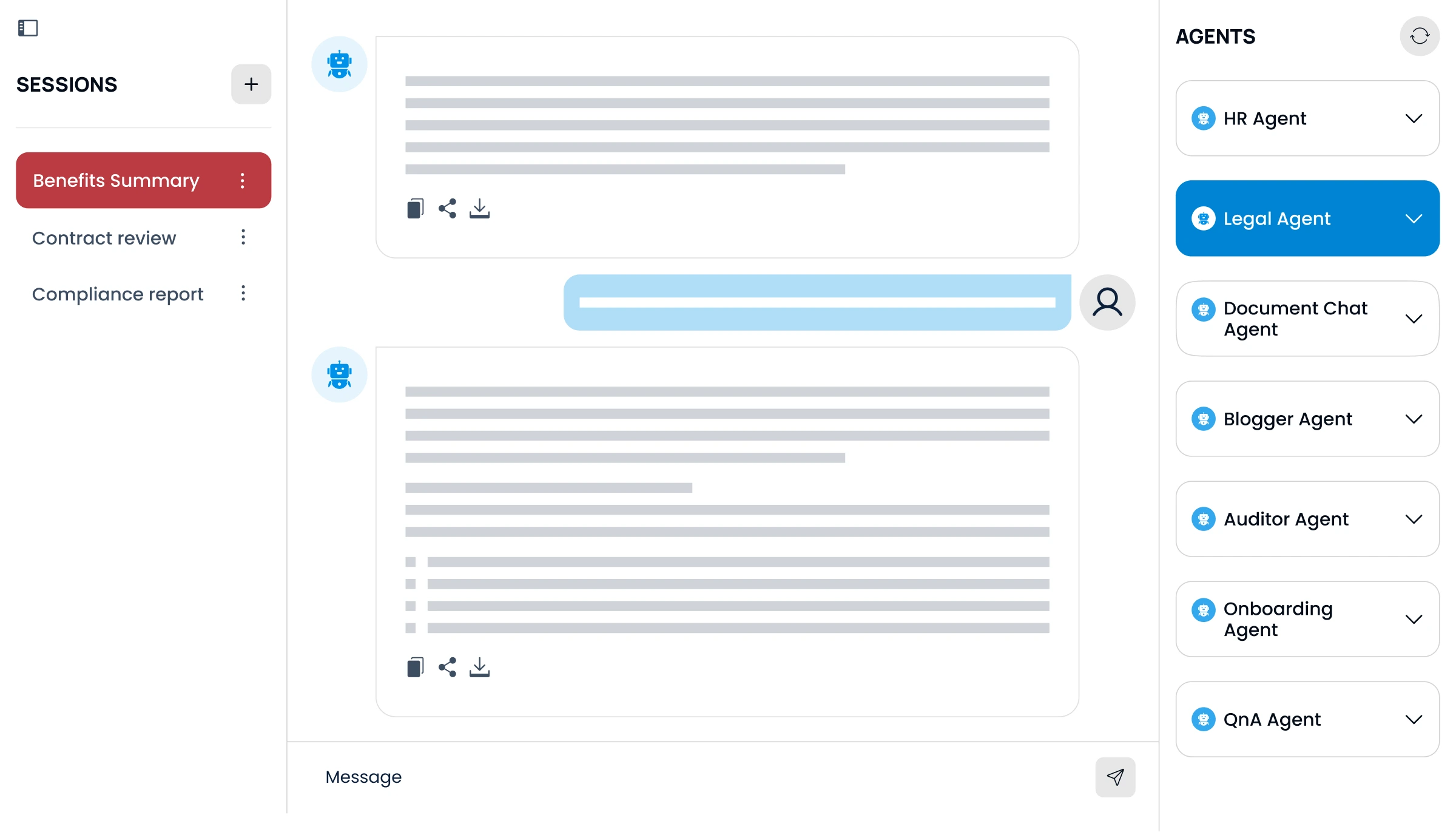 Light Mode - CloudKitect AI Command Center chat interface with active sessions on the left and AI agents like HR, Legal, and QnA on the right.