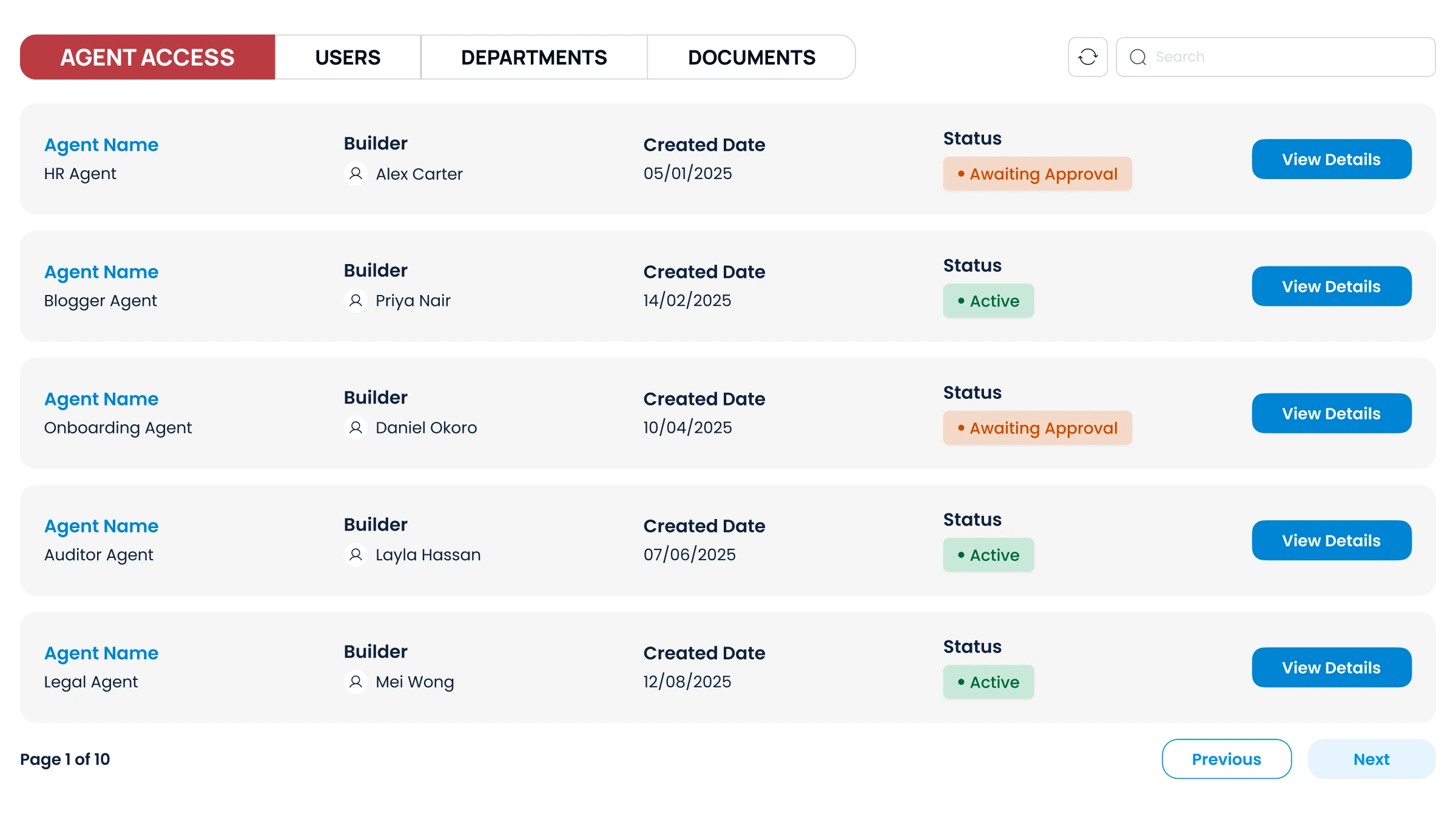 Light Mode - CloudKitect AI Command Center governance dashboard listing agents with builders, creation dates, and statuses such as Active or Awaiting Approval.