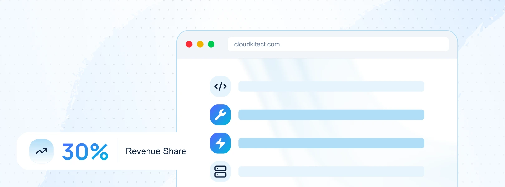 Illustration of the Builder Partner program showing a browser-style interface with development icons and a 40% revenue share badge