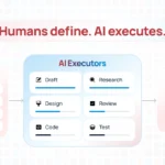 Illustration of an AI-driven workflow where humans define tasks, AI executors handle drafting, research, design, coding, and testing, and humans review, adjust, and approve outcomes.