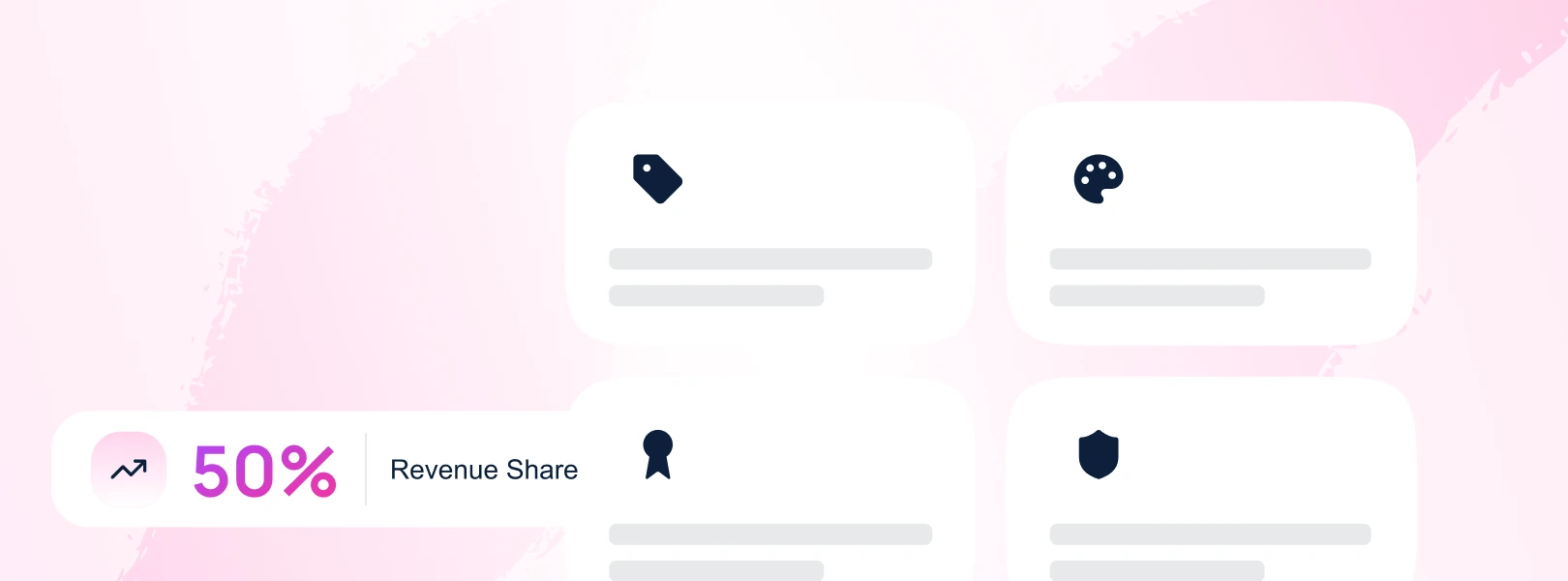 Diagram showing how partners can sell CloudKitect as their own platform, illustrated with customizable UI cards and a 50% revenue share indicator.